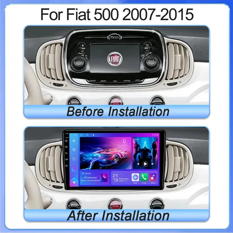 Android 15 9inch For Fiat 500 2007-2015 Car Radio Stereo GPS Navigation Steering Wheel Multimedia Carplay Auto WIFI BT ADAS DVR