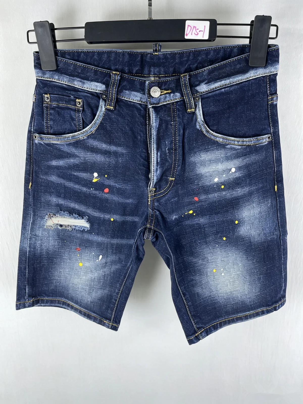 

D15-1 Summer New Men's Jeans Blue Denim Shorts Fashion Ripped Patch Paint Micro-elastic