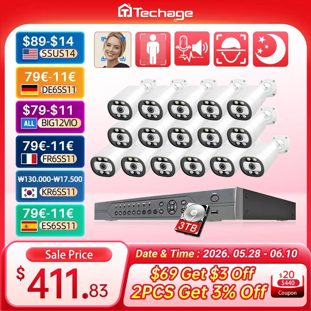 

Techage Ultra HD 4K 16CH POE Security Camera System 5MP Smart AI Color Night Face Detection Outdoor CCTV Record Surveillance Set