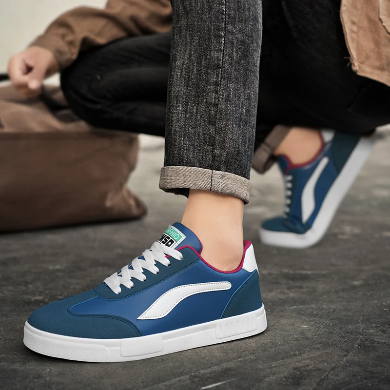 Classic Leather Blue Men Sneakers Big Size 46 47 Low-Top Men's Vulcanize Shoes Lightweight Skateboard Shoes For Men Flat Sneaker