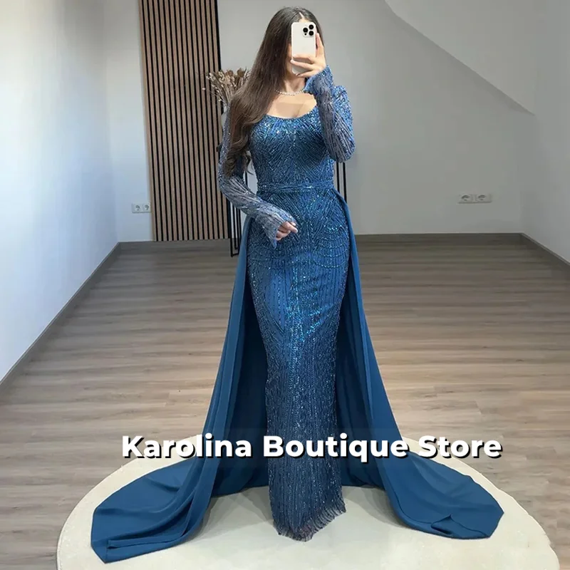 Ballkleid mit abnehmbarer Schleppe, maßgeschneidert, U-Ausschnitt, volle Ärmel, Perlenstickerei, glitzernde Spitze, Abendkleider, Partykleider