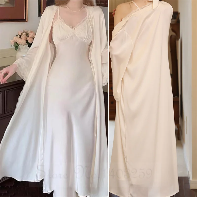 Sexy Women Long Nighty&Robe Set Silk Satin Bride Bridesmaid Wedding Dress Gown Spring Summer Sleepwear Nightgown Loose Homewear