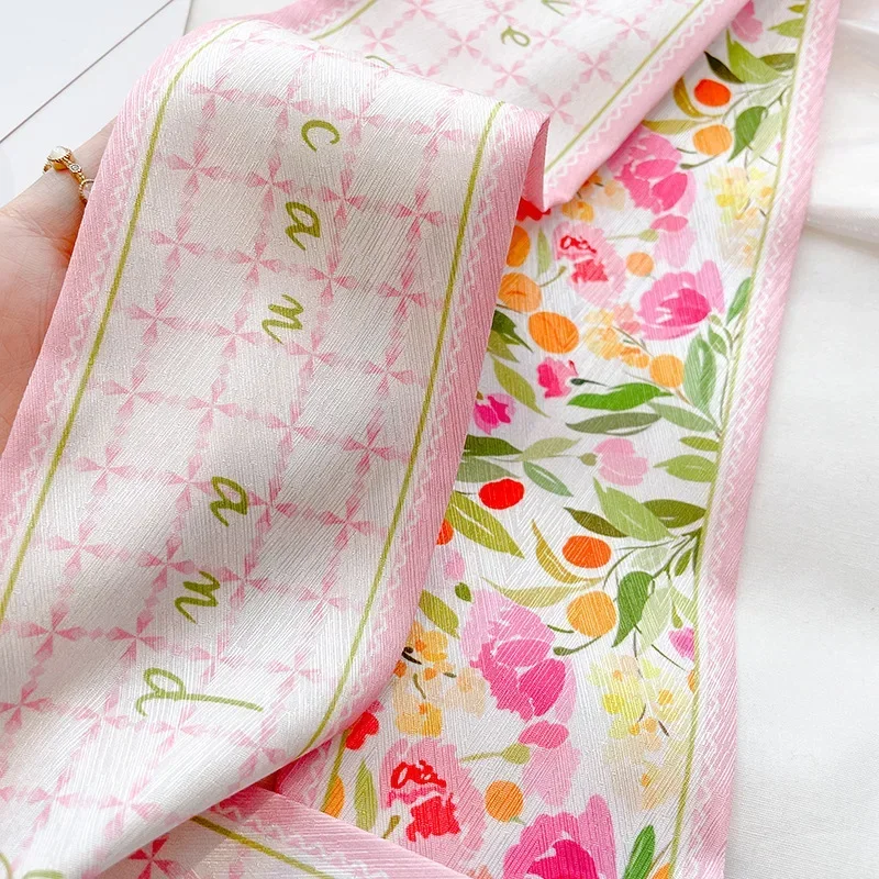 NEW Original Design Flowers Printing Satin Silk Long Scarf For Women Neckerchief Top Quality Bags Scarfs Hair Ribbons image 3