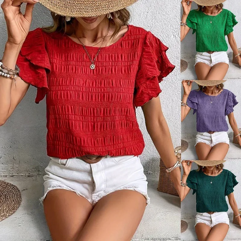 Summer Blouse Women Short Sleeve Round Neck Blouses Crop Smocked Loose Fit Top Ruffle Sleeve Pleated Front Double Ruffle Tops