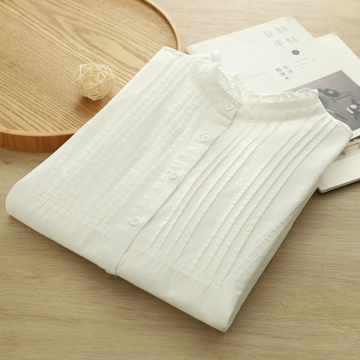 

2026 Pure cotton women's long sleeve shirts Japanese style stand collar pleasted white shirts and blouses lady elegant clothes