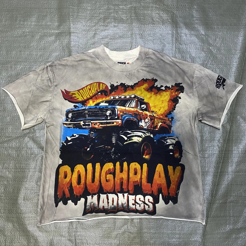 جديد اللون مخطط ROUGHPLAY تي شيرت الرجال النساء الهيب هوب خمر الخام اللعب قصيرة الأكمام تي شيرت