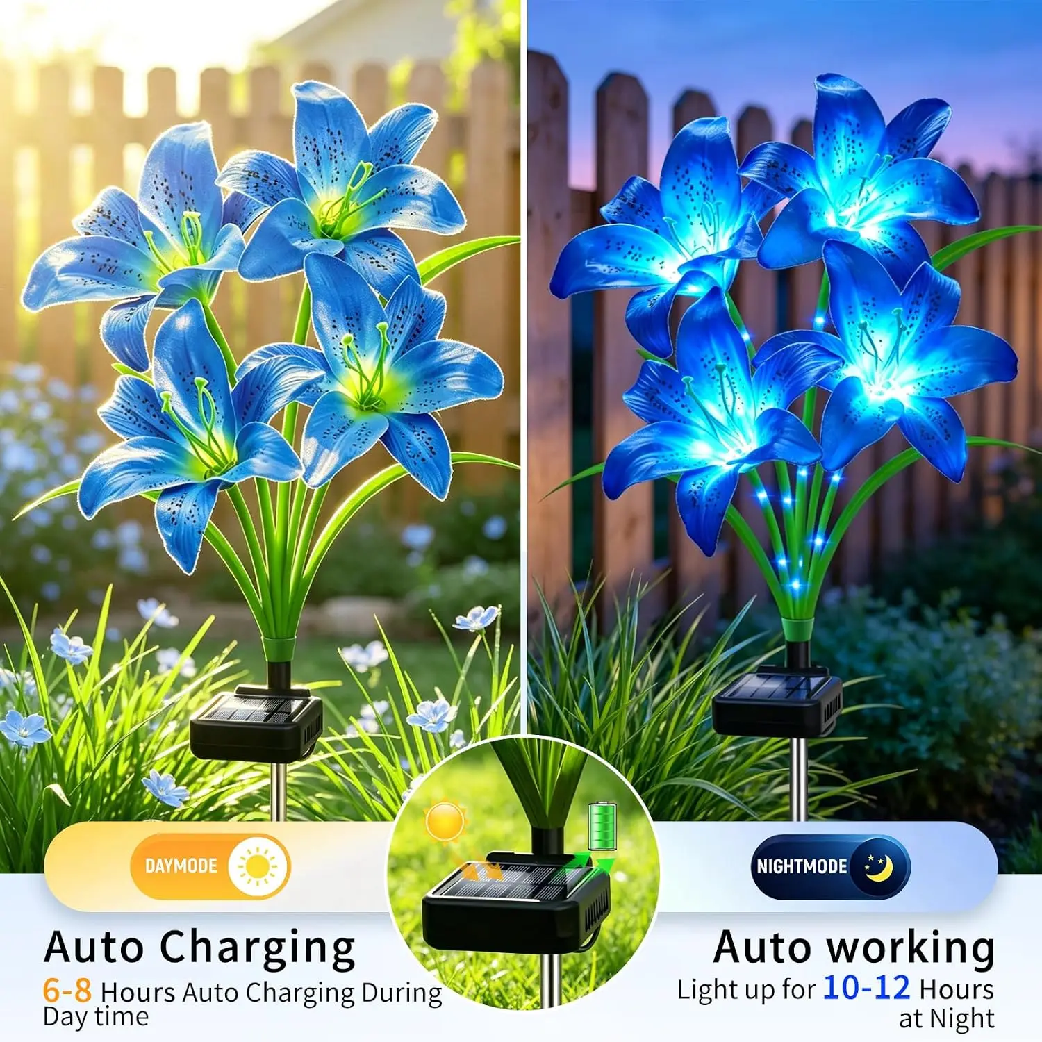 Solar Garden Lights 6 Pack 24 Blue Lily Flowers