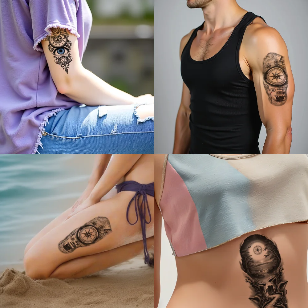 Tatouage temporaire noir et gris, 3 pièces, sablier et livres réalistes, démon avec Trident, éclairé de lune, pour femmes et adultes, cuisses