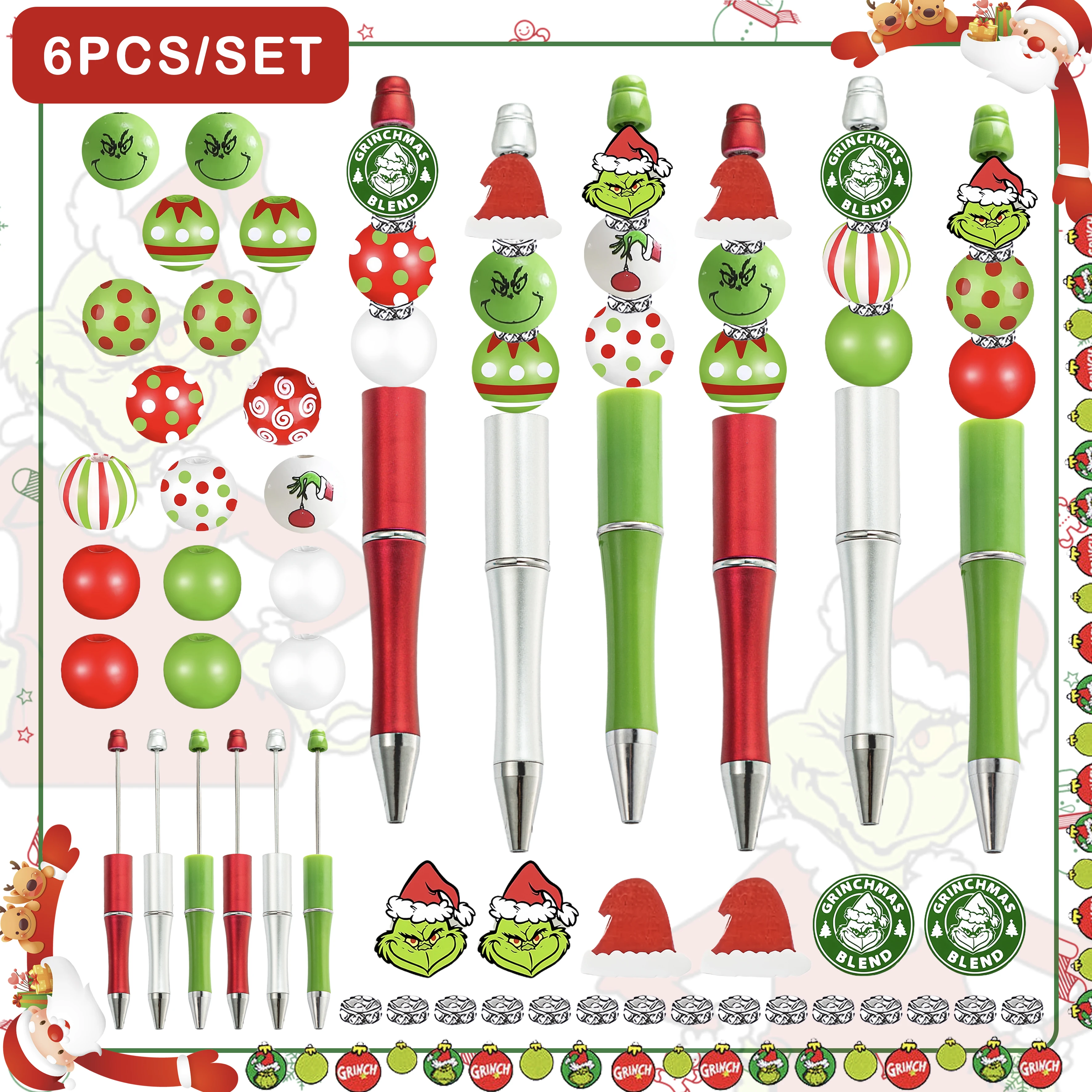 

6 шт., рождественская тема Grinch, креативный набор ручек из бисера «сделай сам», офисные и учебные принадлежности, подарок на день рождения