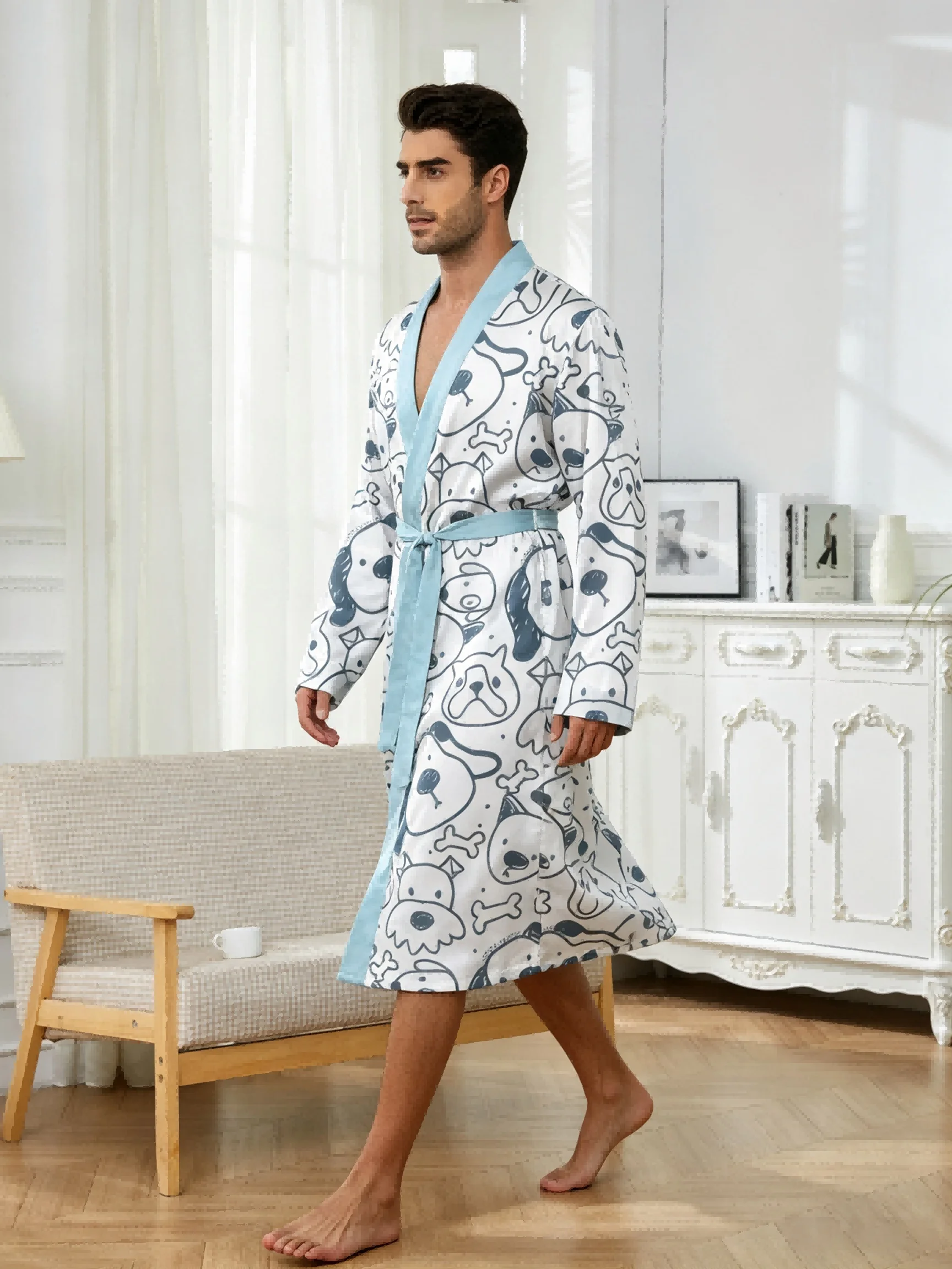 Men's lightweight quick-drying pajama bathrobe - 3D digital printing, non-fading design, stand-up collar and adjustable waistban