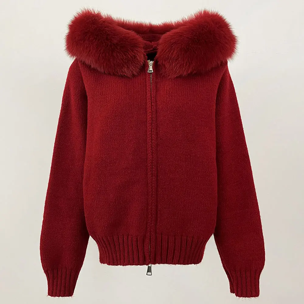 سترة نسائية شتوية محبوكة لعام 2024 مع معطف بفتحة من الفرو الطبيعي وياقة من فرو الثعلب الحقيقي موضة جديدة قصيرة ودافئة وفضفاضة