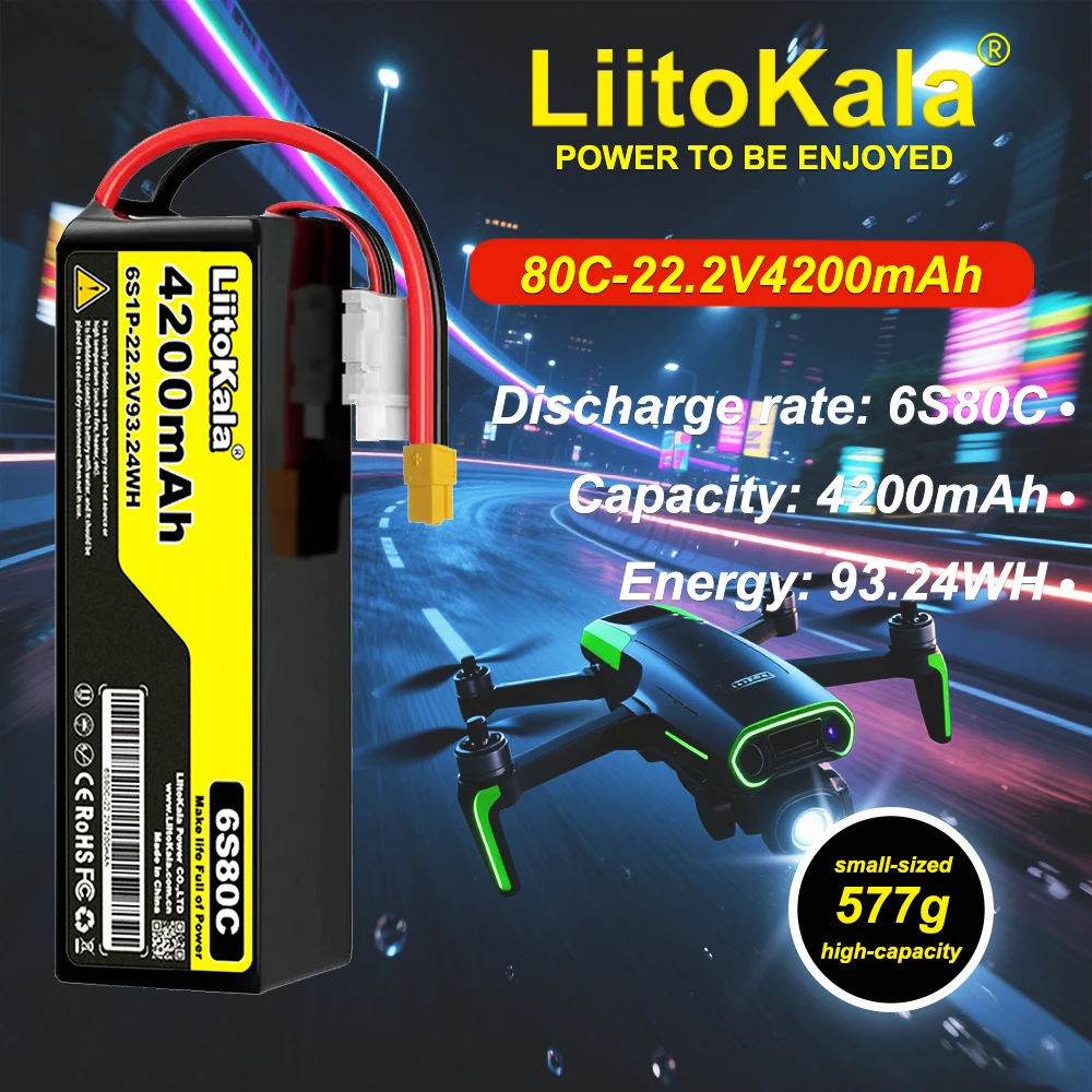 LiitoKala 22.2V 4200mAh 80C 6S Lipo Battery For Aircraft Model Drone Quadcopter High Power With DeansT XT60 XT90 TRX Connector