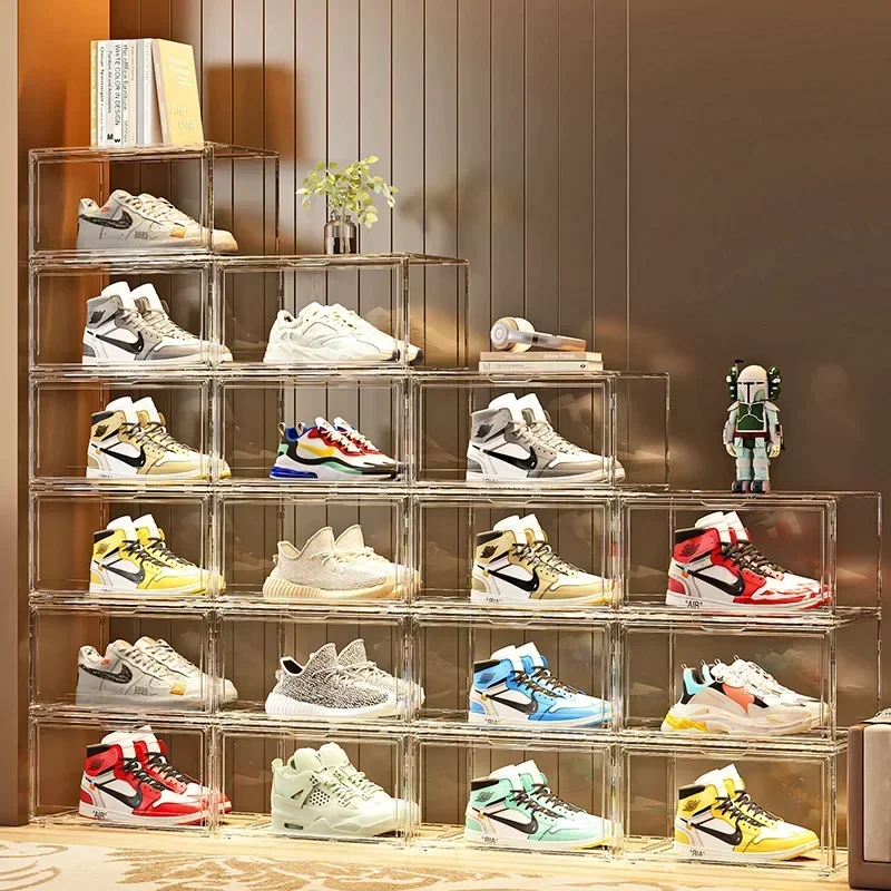 Fully Transparent Storage Box Side Open Magnetic Attraction Simple Plastic Figure Box Shoe Cabinet Folding Shoe Box