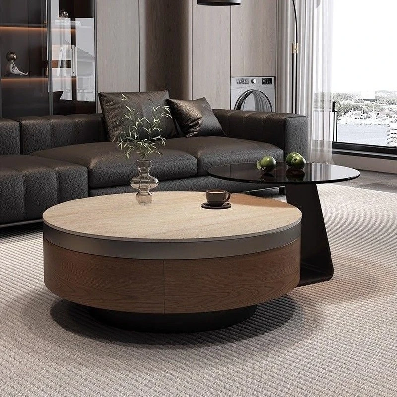 Light luxury retro travertine rock slab coffee table home living room premium walnut color round coffee table combination