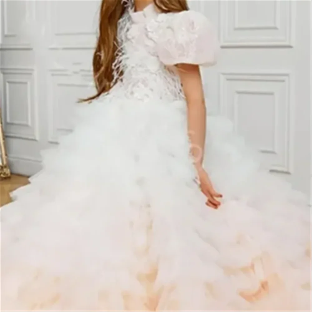 Flower Girl Dress Gorgeous Tulle Lace Printing Layered Princess Ball First Communion Dresses Kids Surprise Birthday Present