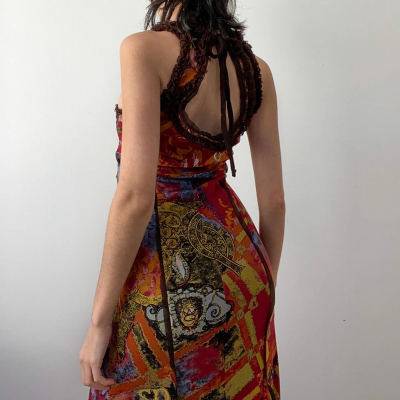 Candyhot Sexy Backless Holle Mouwloze Maxi Jurken Vintage Olieverfschilderij Print Bodycon Jurk Esthetische Partij Slanke Vestidos