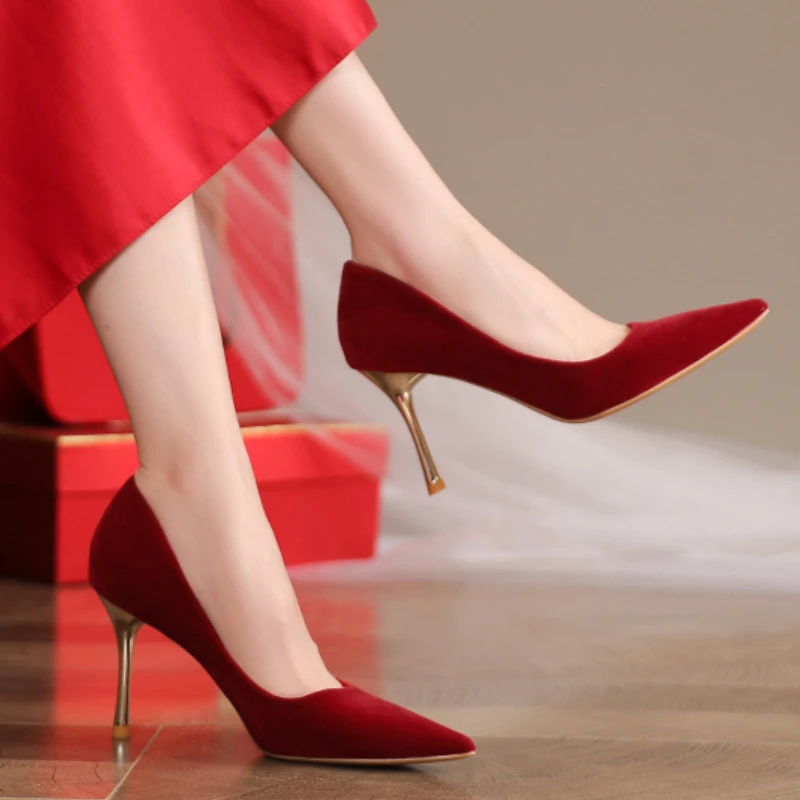 

2025 Women's Spring/Summer Basic High Heels Dress Wedding Shoes for Red Suede Shallow Sexy Pointed Toe Slip Stilettos