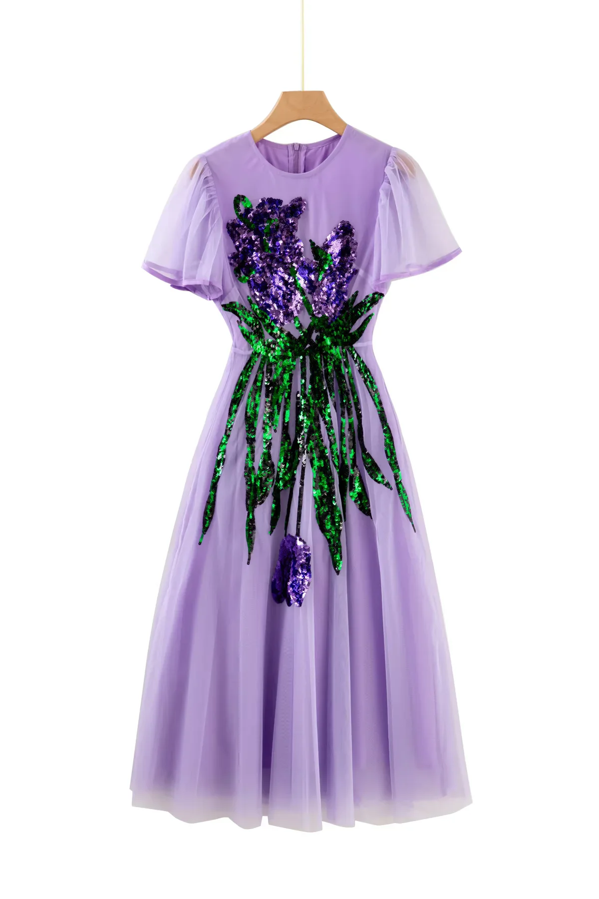 

Sequined Dress 2025 Summer Elegant Party Women Luxurious Embroidery Short Sleeve Mid-Calf Length Sexy Tulle Mesh Dress Purple