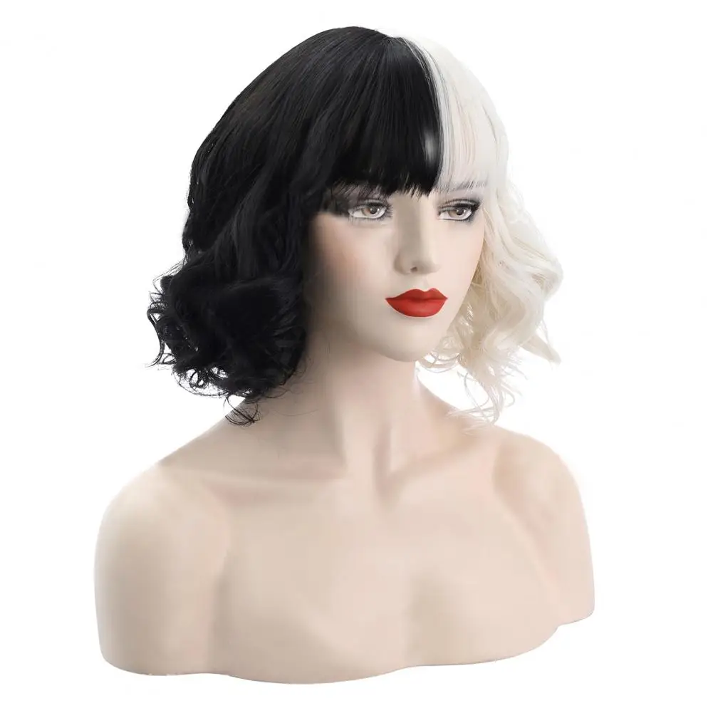 

32cm Cruella Wig Styles Wavy High Temperature Fiber Half Black Small Short Curly Cos Wig Cosplay Tools Anime Role Play Props