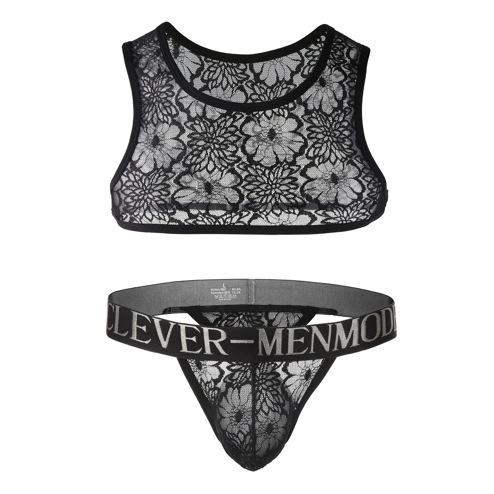 

Sexy Crop Top Lace Thong Set Men's Erotic Panties Man tanga hombre Underwear Tank Sleeveless Lingerie Harness Sleepwear Costume