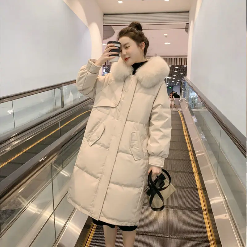 Down Jacket Women's Autumn and Winter Mid Length White Duck Down Coat Fashion Korean Hooded Parkas Thickened Loose Casual Coat