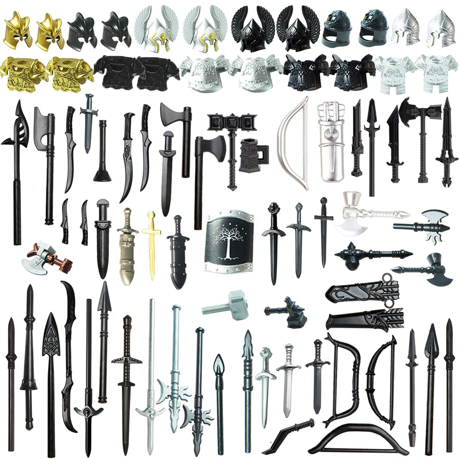 Armor Helm Bajonet Model Bouwstenen Set voor DIY Minifiguren Dress Up Accessoires Middeleeuwse Militaire Stijl Bakstenen Speelgoed