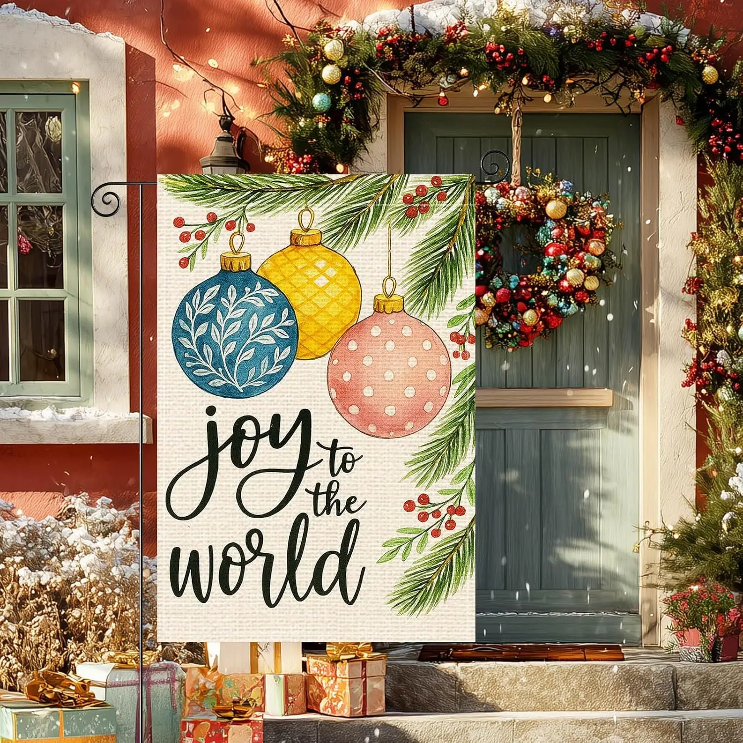 Joy To The World Garden Flag 12x18 Inch Christmas Ornament Balls Burlap Double-Sided Pine Branches Seasonal Outdoor Holiday  LLG