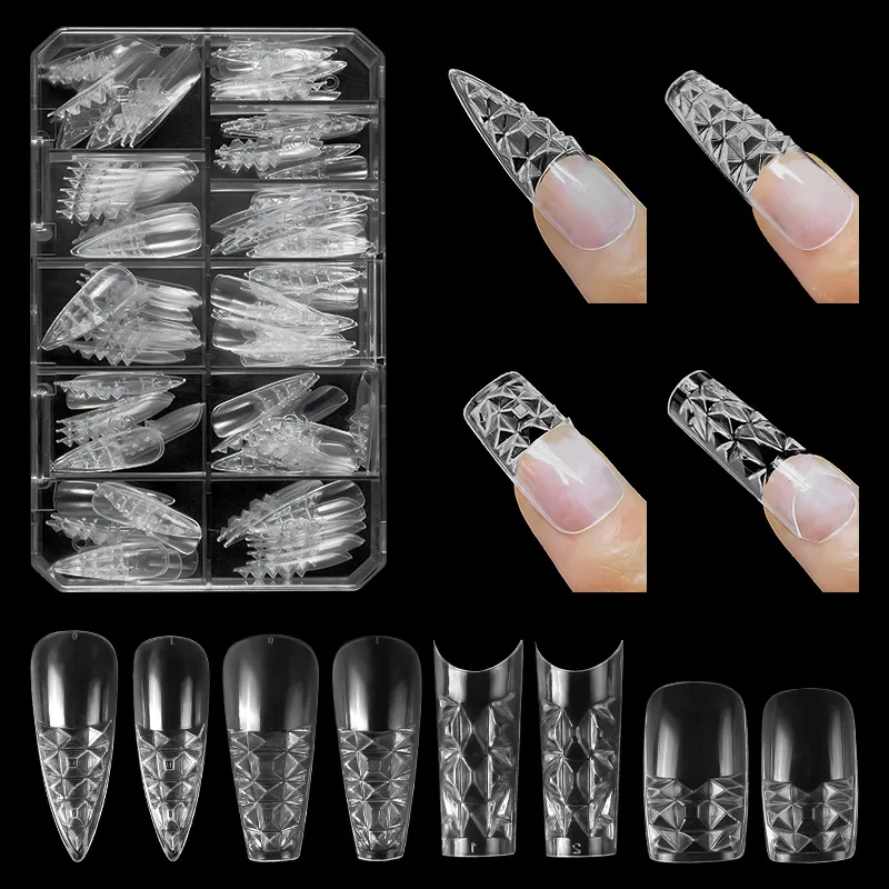 120 stücke konkave konvexe 3D-Kristallglas gefälschte Nail Art Tipps transparente trapezförmige lange spitze Nägel Nail Art Patches Erweiterung