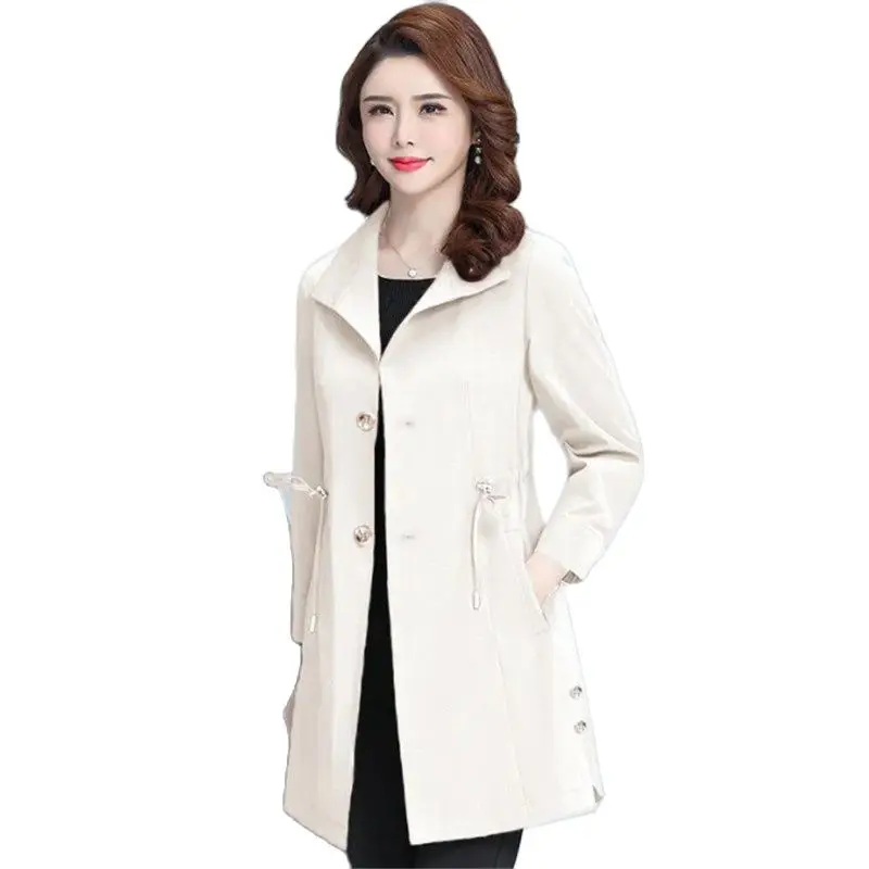 Spring Autumn Mid-Long Windbreakers Women 2023 New Loose Turndown Collar Trench Coat Pure Colour Outerwear Girdle Jacket Female