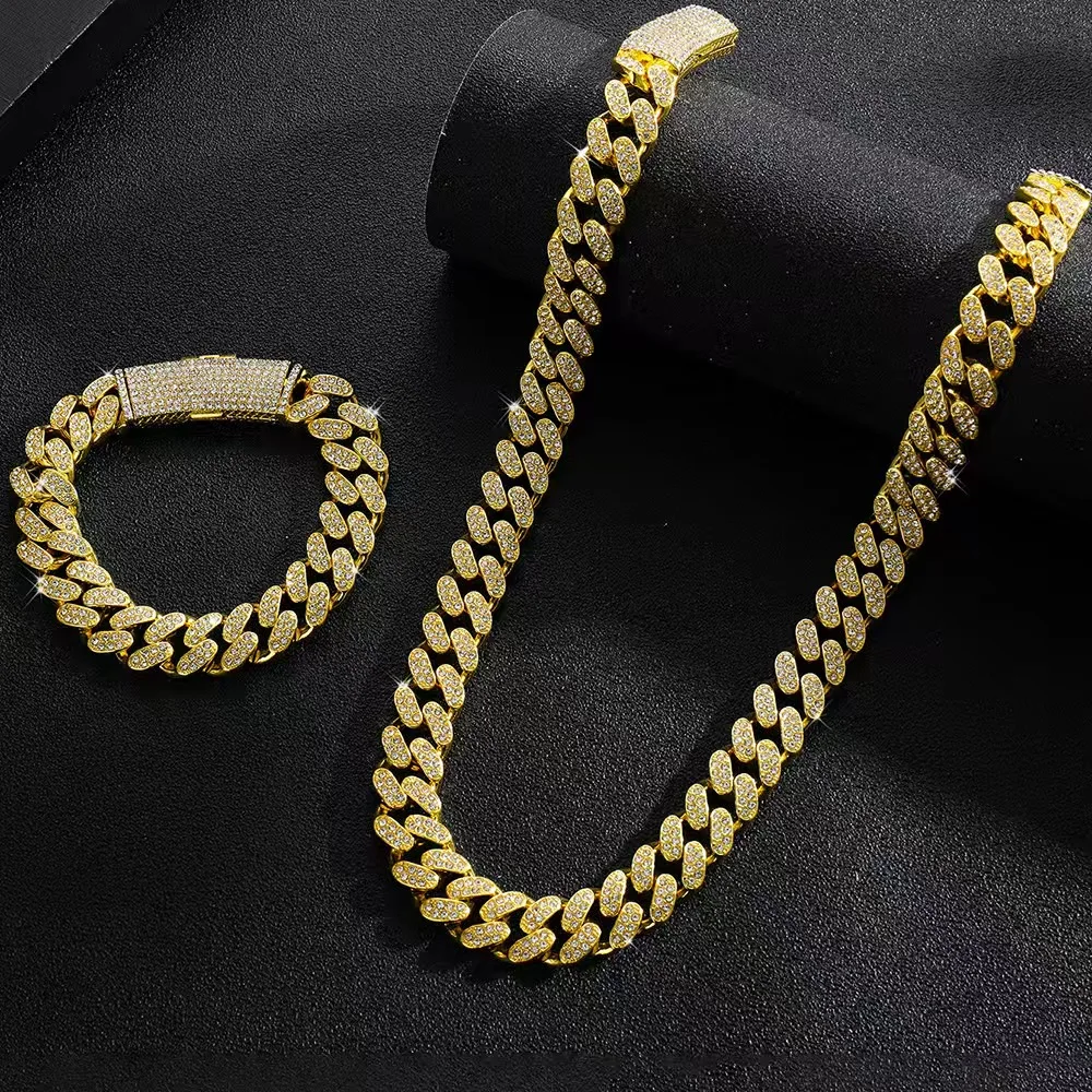 

Fashion Trends Chain Zircon Men Necklace Bracelet Two-Piece Set Gold Silver Hip Hop Fashion Jewelry For Men Women High-Quality