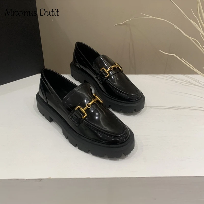 Mrxmus Dutit 2024 New Women Genuine Leather Round Head Thick Loafer Shallow Black Wild Casual Simple Slip-on Shoes Female