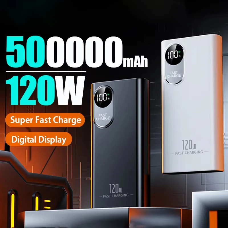 New 500000mAh Large Capacity Power Bank 120W Super Fast Charging With Portable Digital Display Supply For Various Phones 2025