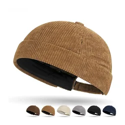 Mens Womens Fish Embroidery Corduroy Brimless Sailor Cap Rolled Cuff Retro Beanie Hat Casual Docker Beanie Skull Caps