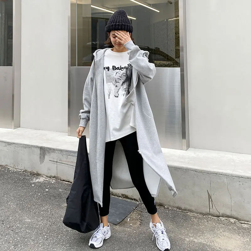 Damska bluza z kapturem na zamek błyskawiczny, średniej długości, ocieplana, sweter rozpinany, styl koreański, luźny krój, do pracy.