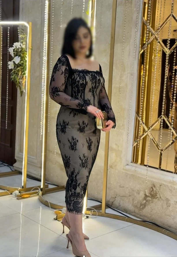 فساتين الحفلات المسائية بحورية البحر باللون الأسود الشامبانيا بطول الشاي مزينة بالدانتيل وأكمام طويلة فستان حفلات سعودية Pastrol Unis حسب الطلب