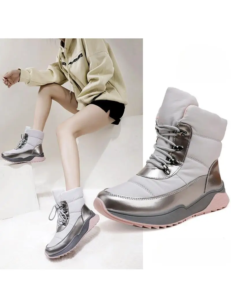 

Warm Anti-Slip Travel Mid-Calf round Toe Emed Platform Snow Boots Women's Lace-Up Outdoor Cam Boots No Brand Registered