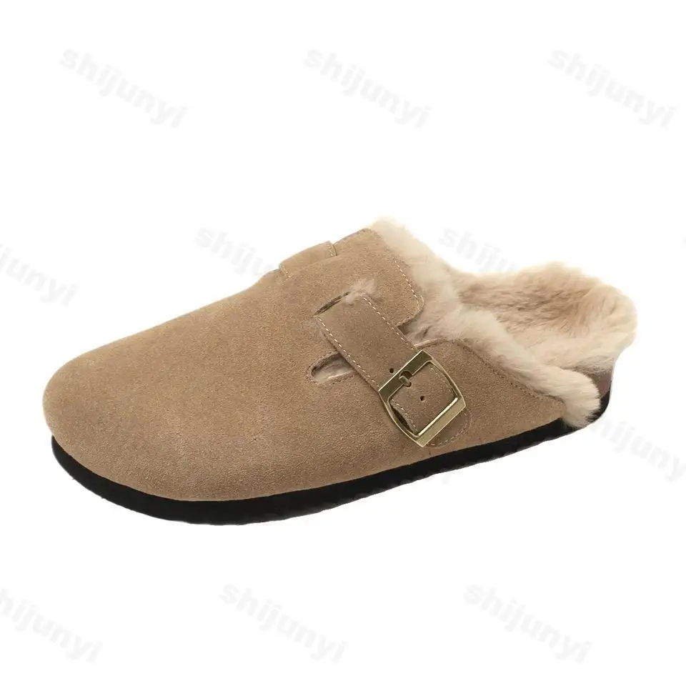 Zapatillas de invierno para mujer, nuevos zapatos planos de piel, zapatos cortos de felpa, zapatos de mujer a la moda con hebilla, suela suave, zapatos de algodón, zapatos cálidos de ante para el hogar