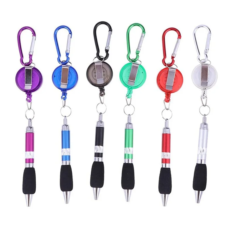 100Pcs/Lot Retractable Badge Reel Ballpoint Pen Belt Clip Key Chain with Carabiner Hook Portable Ball Pen Lanyard Pen LX5283