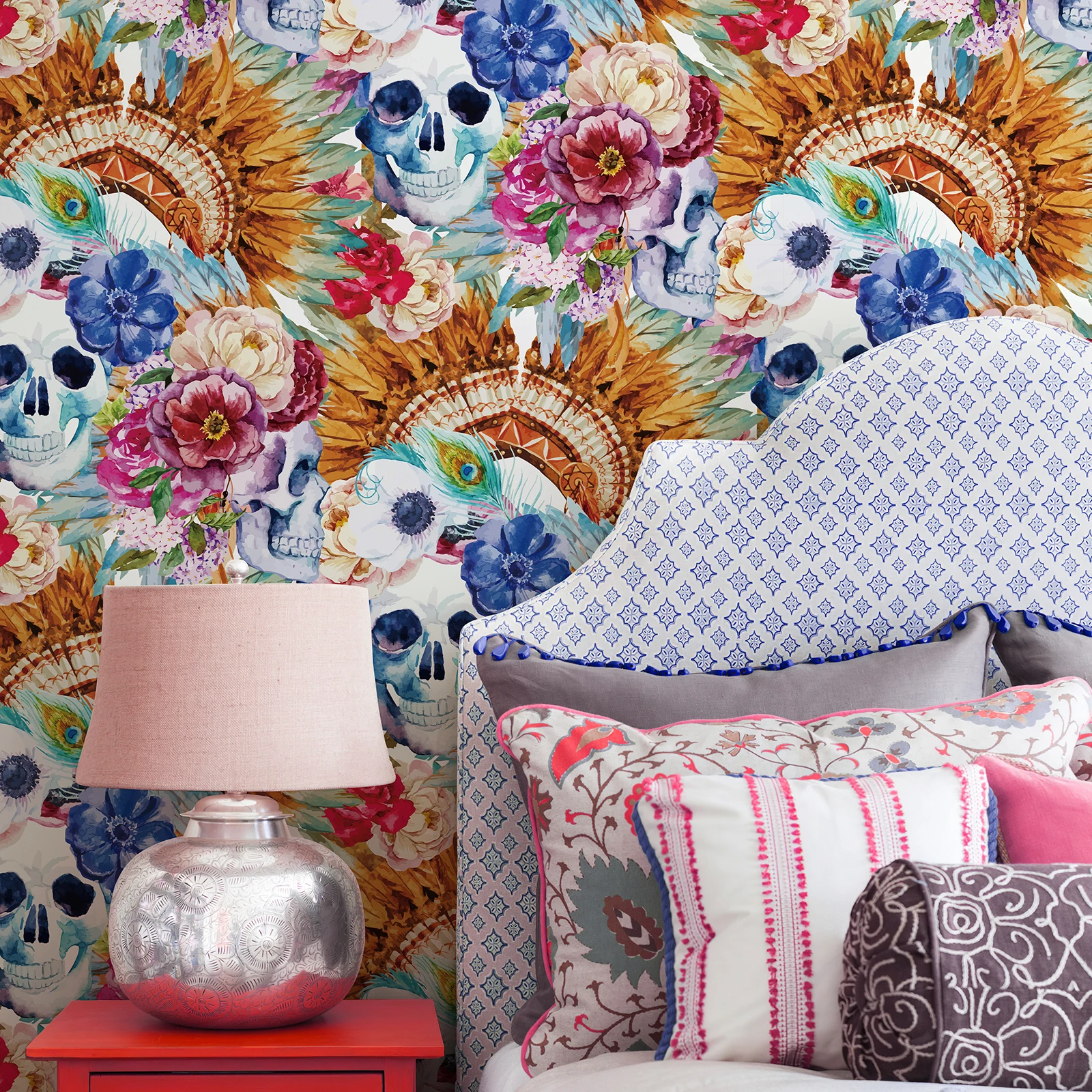 

Colorful Skull Floral Halloween Wallpaper Chic Yellow Flower Peel And Stick Festival Wall Decor Skeletons Cabinet Sticker