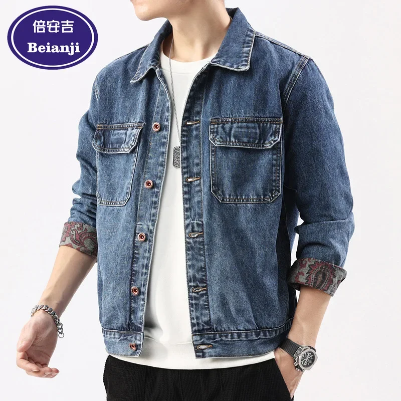 2025 Men's Denim Jacket Long Sleeve Printed Cuff Multi Pocket Light Blue Button Up Coat Loose Fit Top Casual Outwear For Spring