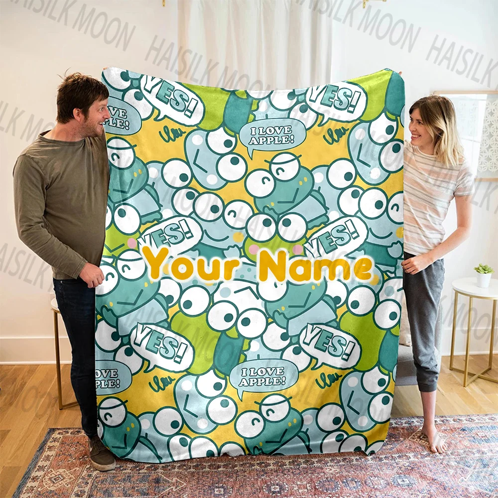 Custom Name Cartoon Sanrio Keroppi Printed Blanket, All-Season Multi-Use for Nap, Camping, Travel, Car,Sofa Bed Machine Washable