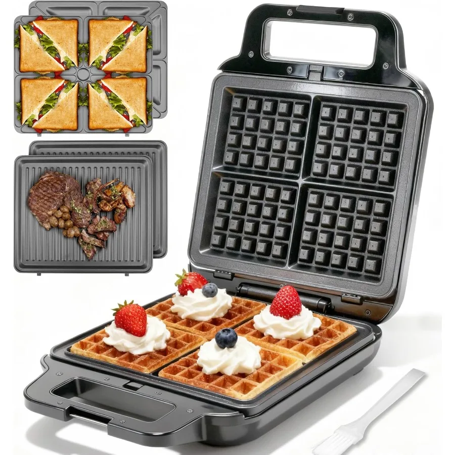 

Belgian Waffle Maker with Removable Plates Electrica Large Waffle Iron 3 in 1 Panini Grill Press Breakfast Sandwich Maker Elect