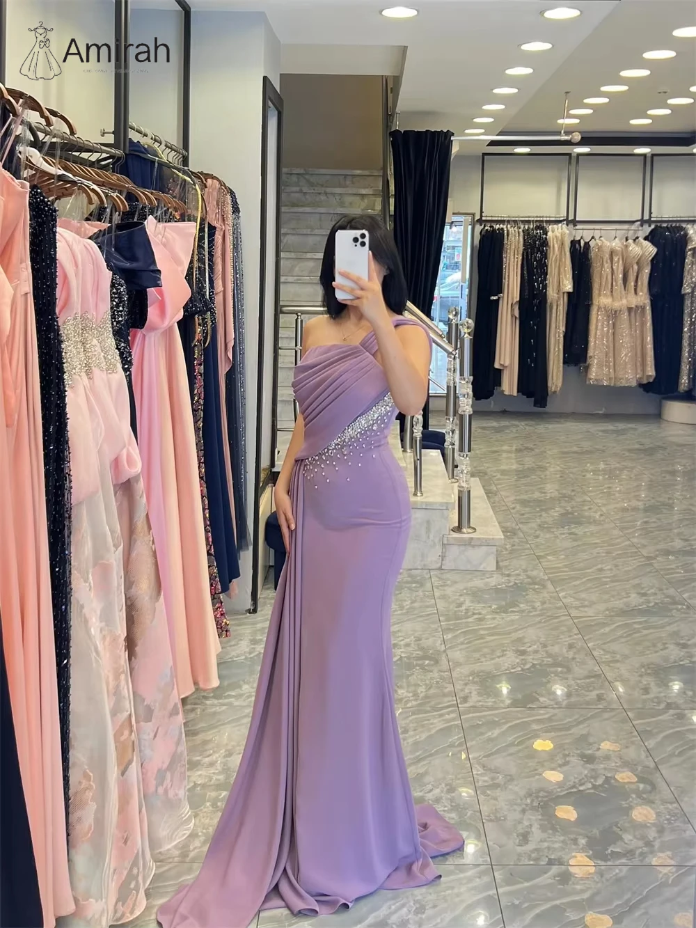 Gaun Elegan Amirah, Gaun Prom Custom Made 2025, Gaun Prom Wanita Model Ekor Ikan Panjang, Gaun Malam Wanita Lengan Satu Bahu