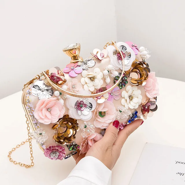 Modne torebki damskie kwiatowe diamenty hafty mała kopertówka luksusowe torebki damskie torebki wieczorowe New Arrival torebka na ramię z łańcuszkiem