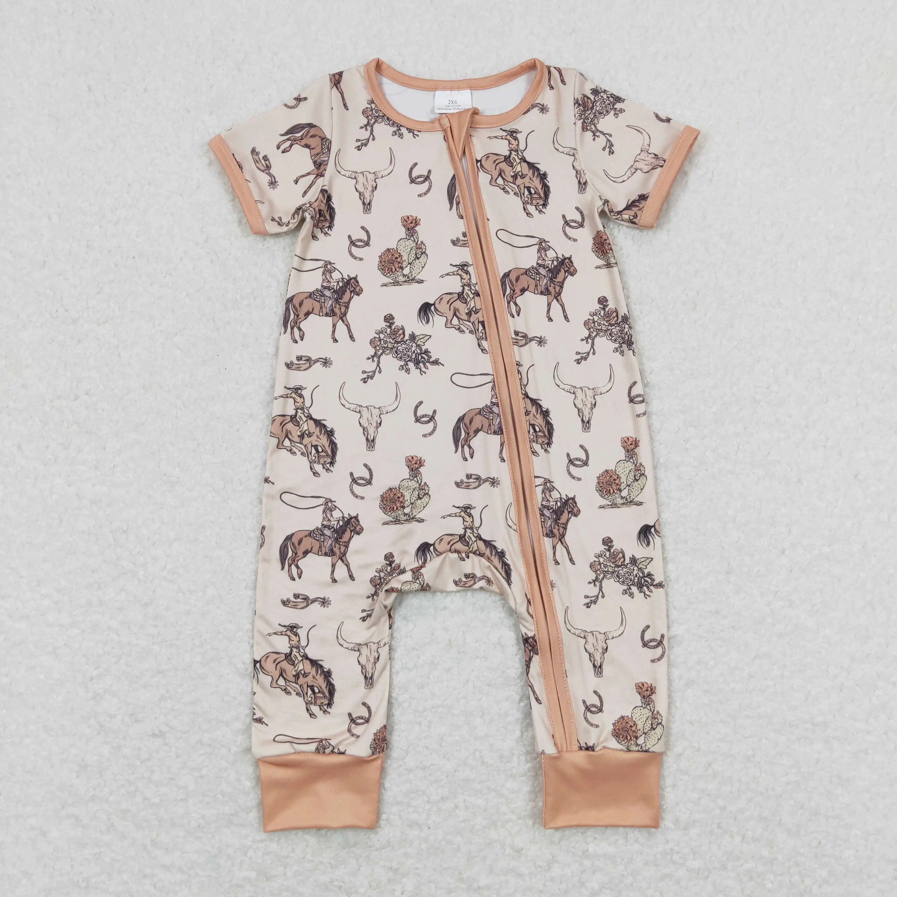 

SR1220 toddler baby rompers boys Alpine Cow Light Brown Zipper Short Sleeve Jumpsuit Wholesale Summer Boutique baby boys clothes
