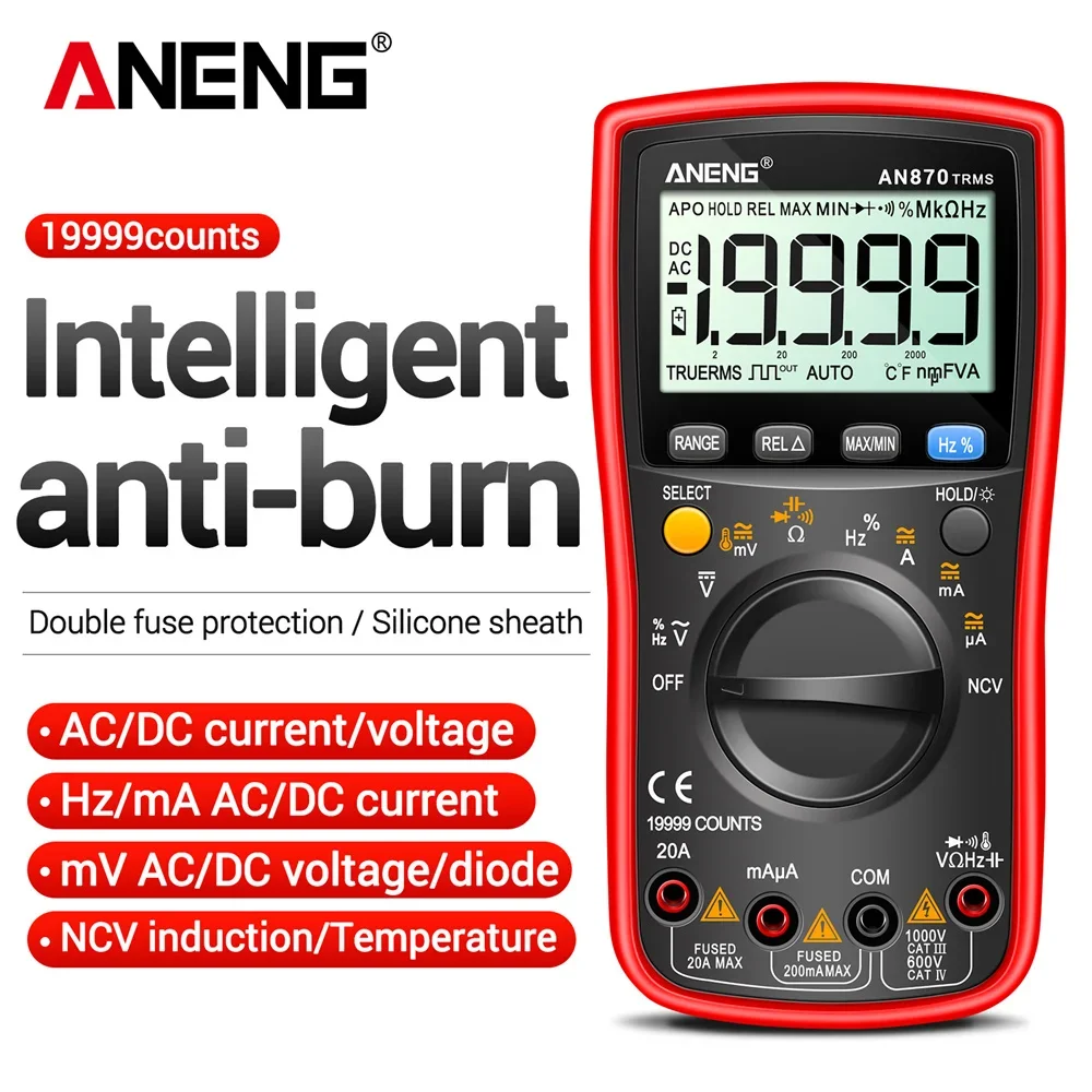 ANENG AN870 19999 Counts True RMS Digital Multimeter Manual Auto‑Range NCV AC DC Volt Current Resistance Capacitance Temp Tool