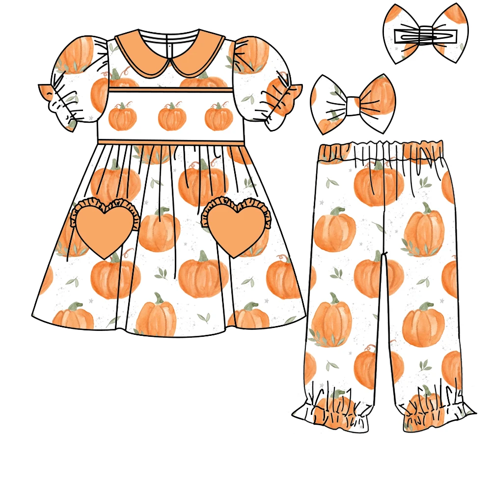 3-Piece Set Thanksgiving Girls and Boys Pajama Set Boutique Children's Set Pumpkin Leaf Print Short Sleeve Long Pants Clothing