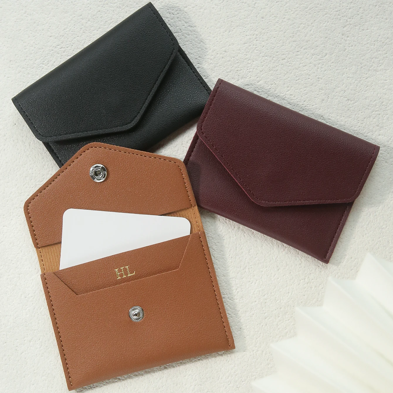 Personalized Custom Name Card Holder PU Leather Envelope‑Style Card Wallet Snap Button Multi‑slots Card Pouch Custom Gift