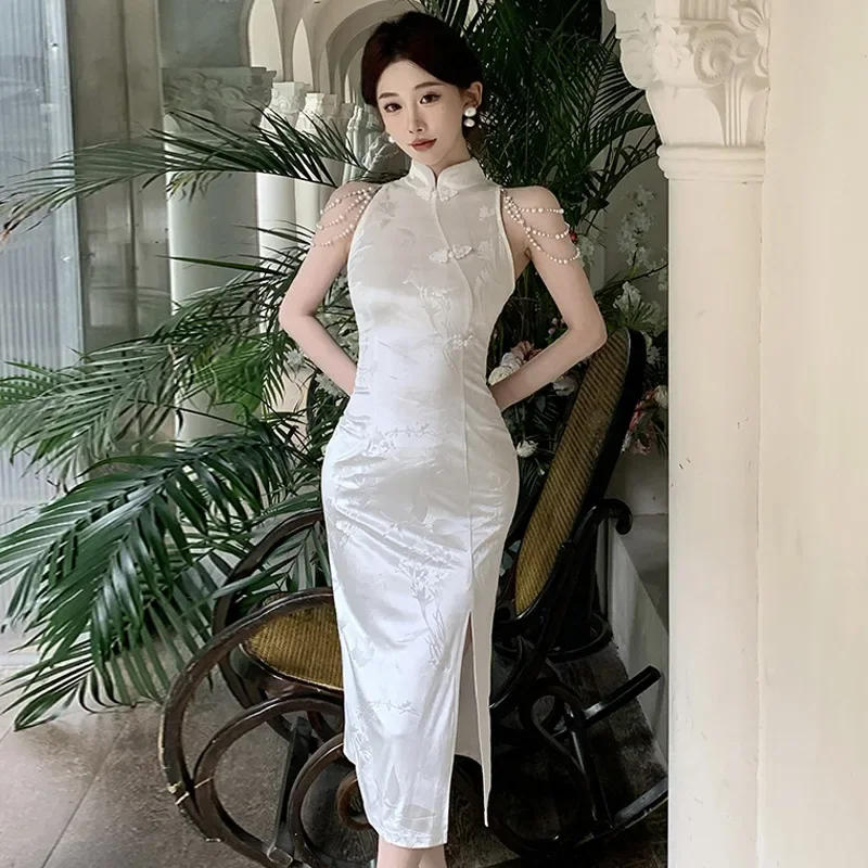 

New Chinese Style Improved Female Velour Qipao Cheongsam Elegant Classic Long Sleeveless Dress Sexy Jacquard Vestidos