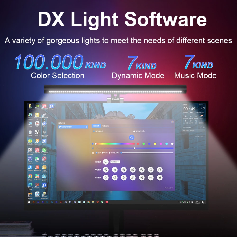 PC Sync RGB Monitor Light Bar, Screen Sync Gaming Ambient Backlight, Music Rhythm Monitor Hanging Lamp for PC Gaming
